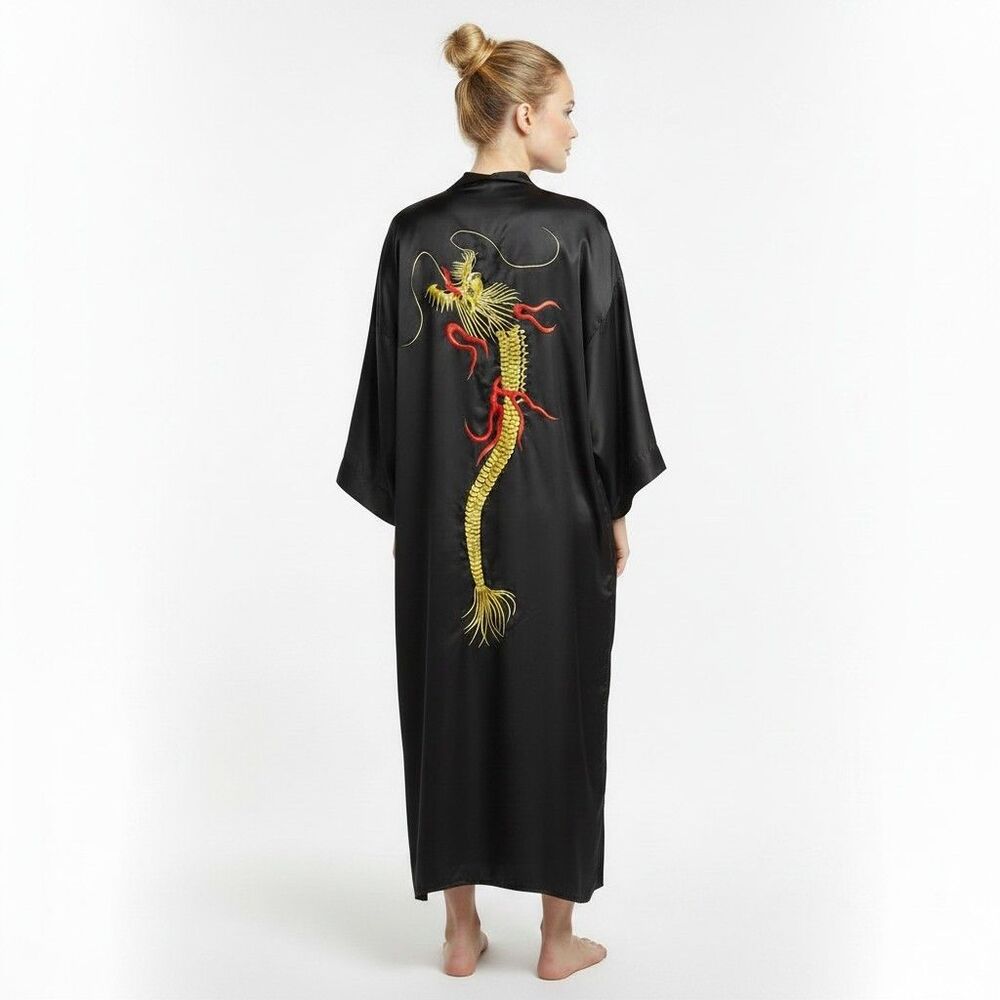 Vintage Japanese Kimono Dragon Robe One Size Navy Blue Gold Embroidered Long
